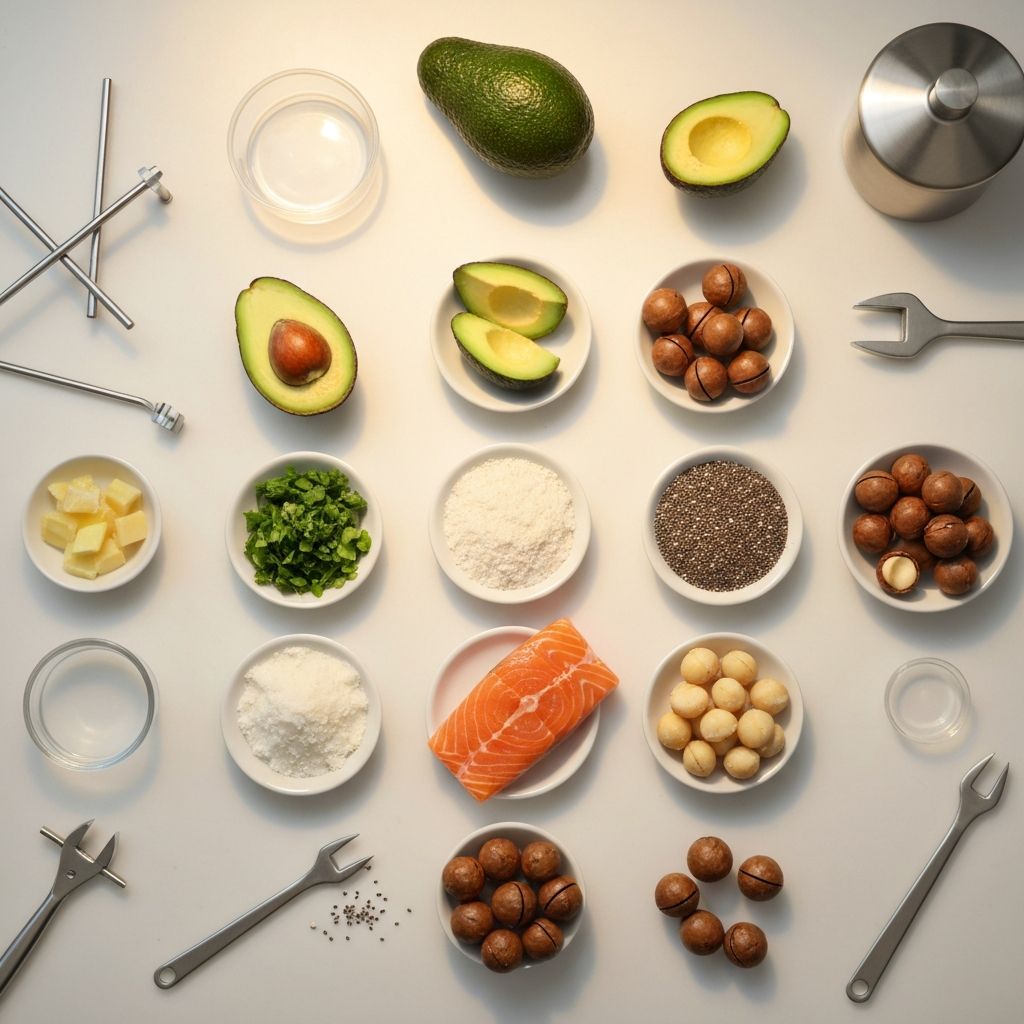 Balanced composition of healthy dietary fat sources arranged in scientific arrangement with warm and cool lighting