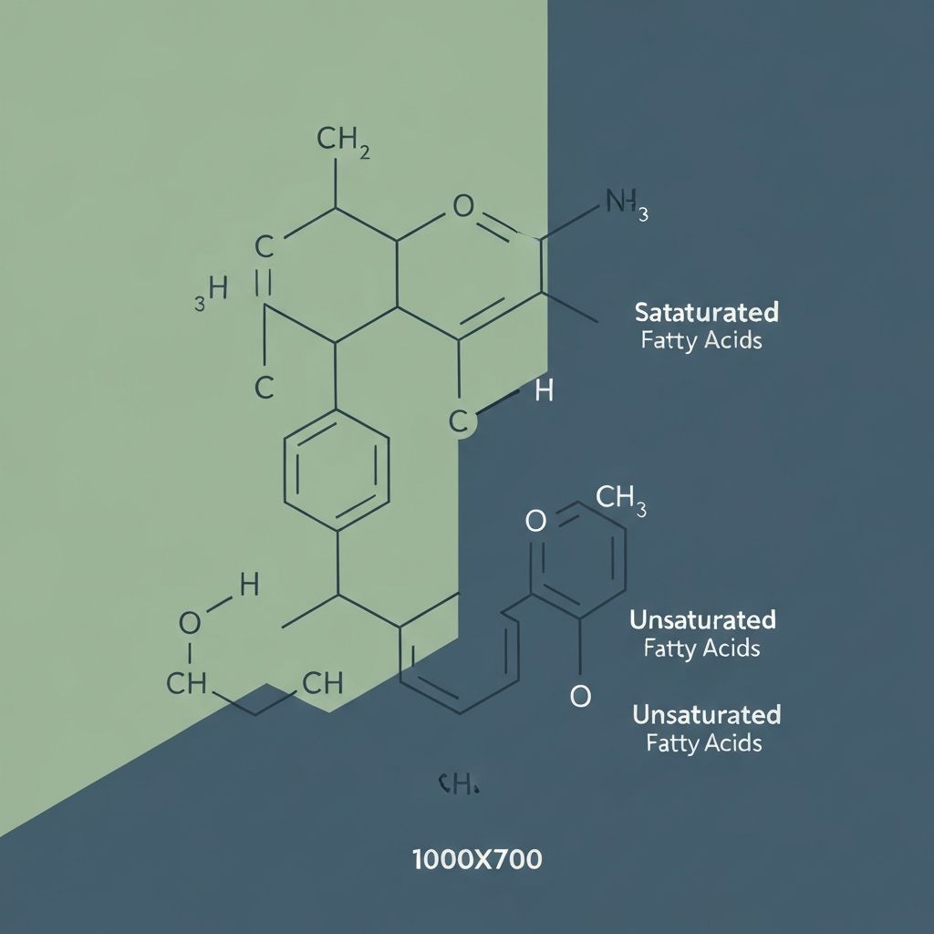 Educational scientific diagram showing molecular structures of different fat types: saturated, monounsaturated, and polyunsaturated fats
