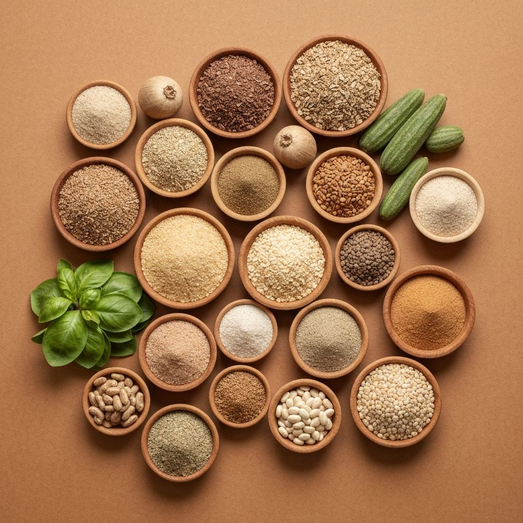 Artistic composition of diverse plant and animal-based protein sources arranged in balanced scientific arrangement